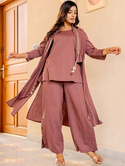 Women Solid Cotton Top with Palazzo & Jacket