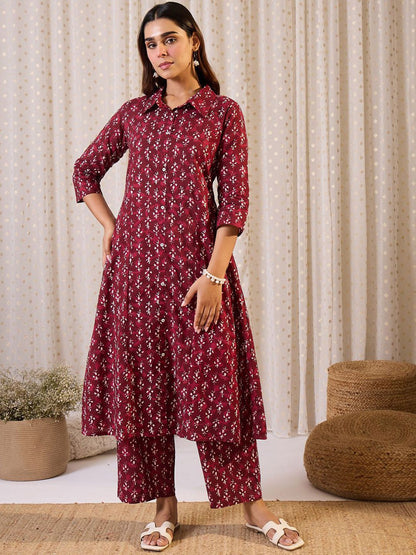 Dhiyona IE Printed Pure Cotton Shirt Collar Neck Tunic With Trousers