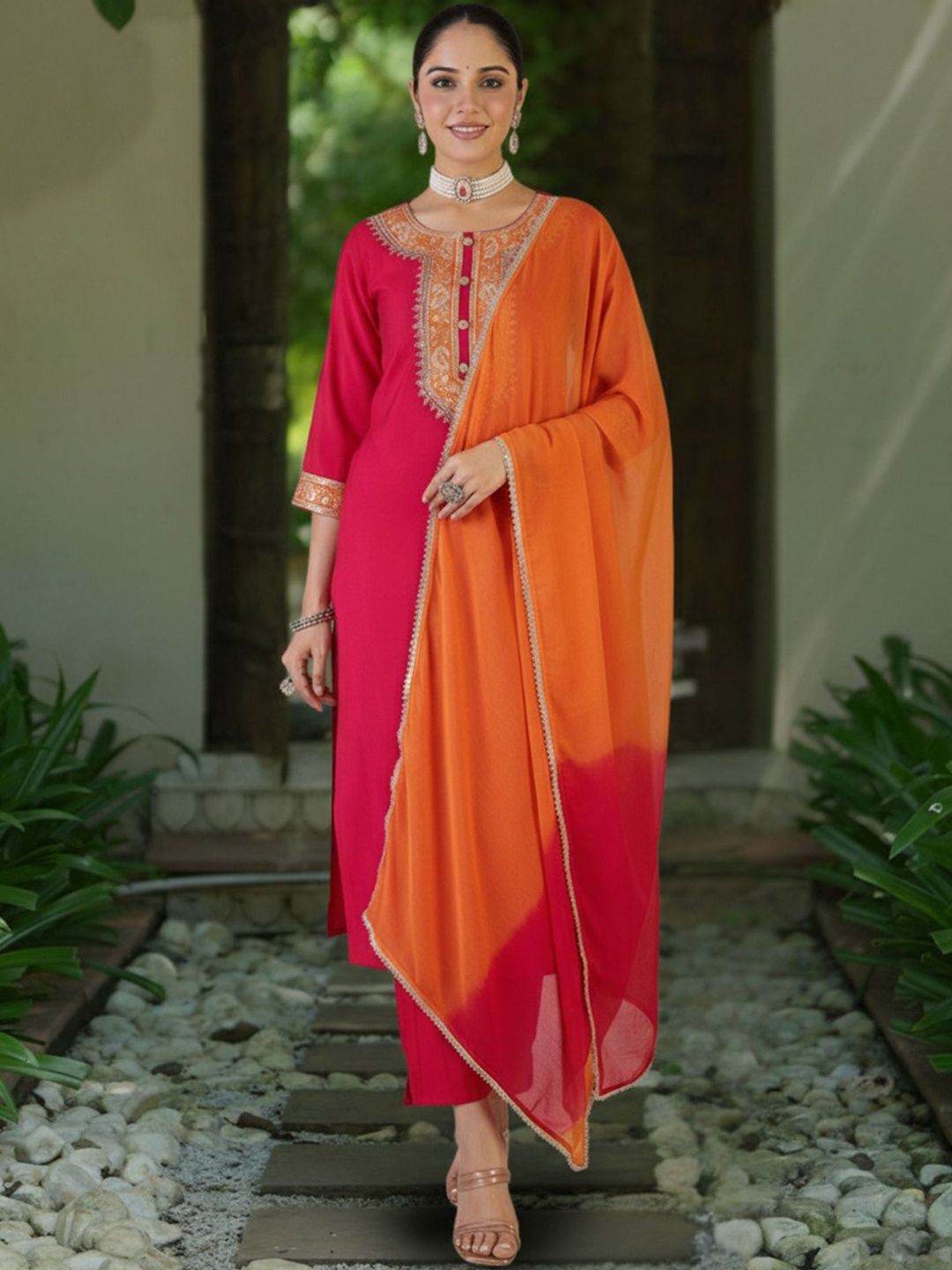 Dhiyona IE Women Ethnic Motifs Embroidered Regular Thread Work Kurta with Trousers & With Dupatta