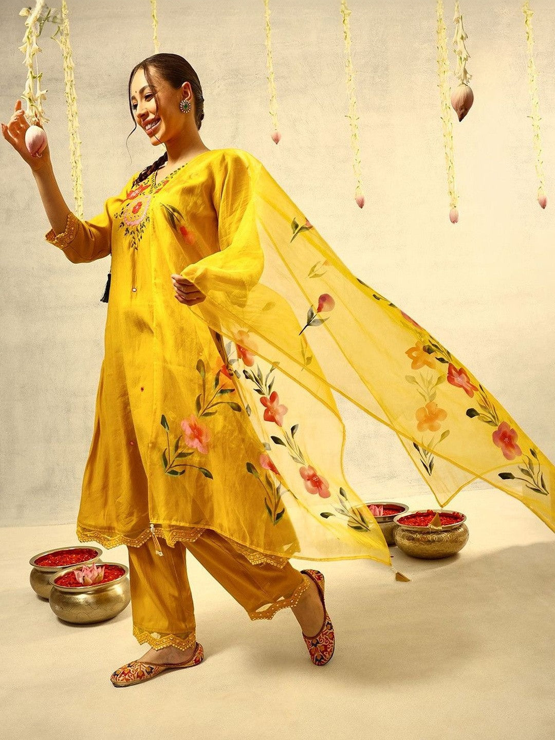 Embroidered V-Neck Kurta & Trousers With Dupatta