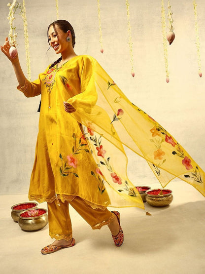 Embroidered V-Neck Kurta & Trousers With Dupatta