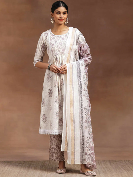 Women's LB White Printed Cotton A-line Kurta With Trousers & Dupatta