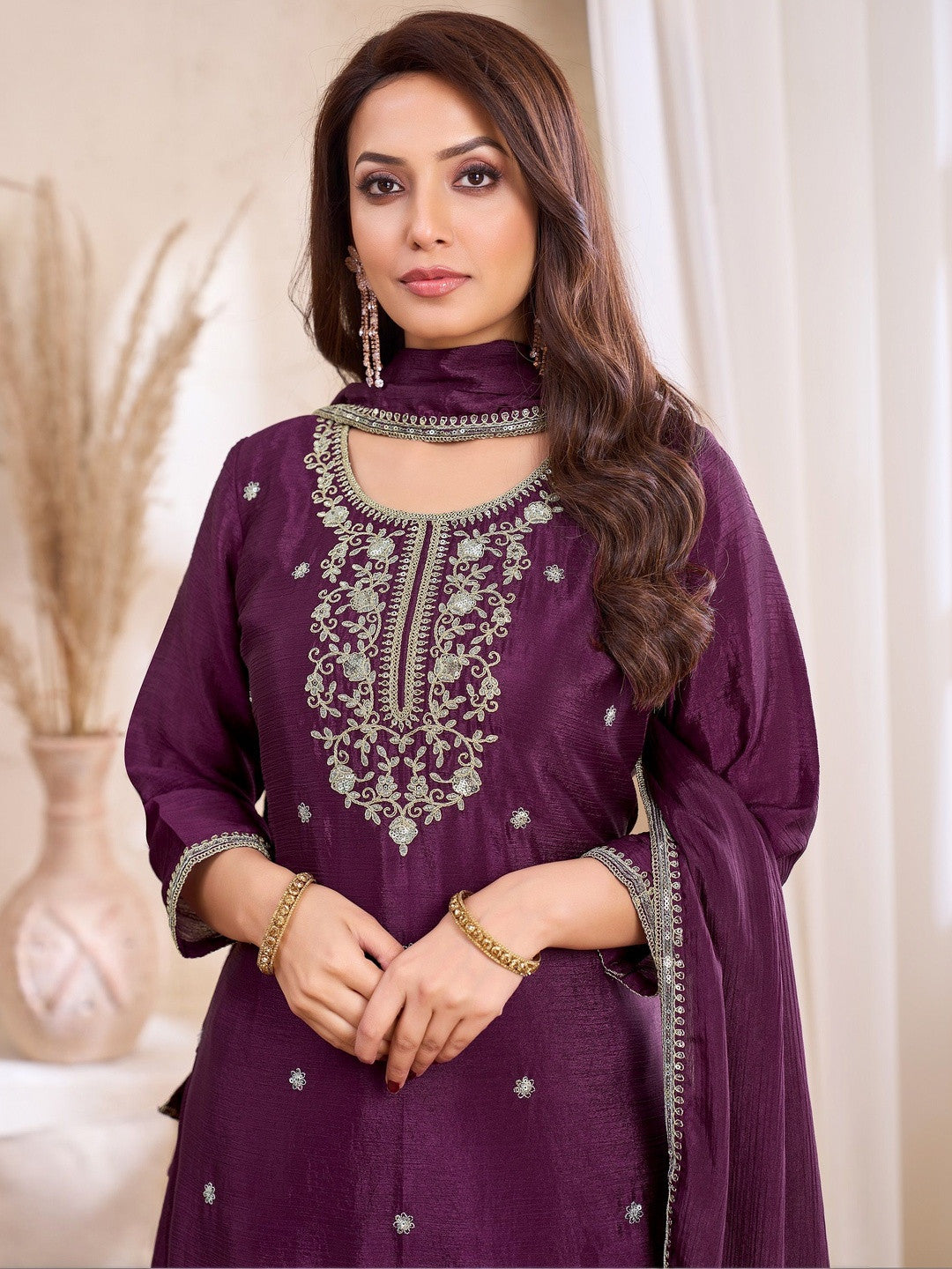 Embroidered Round Neck Kurta & Palazzos With Dupatta