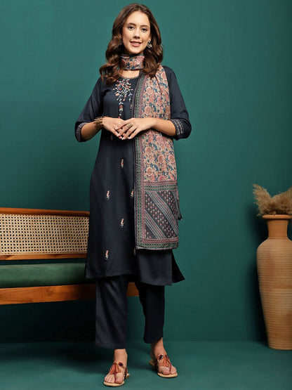 Floral Embroidered Thread Work Kurta with Trousers & Dupatta