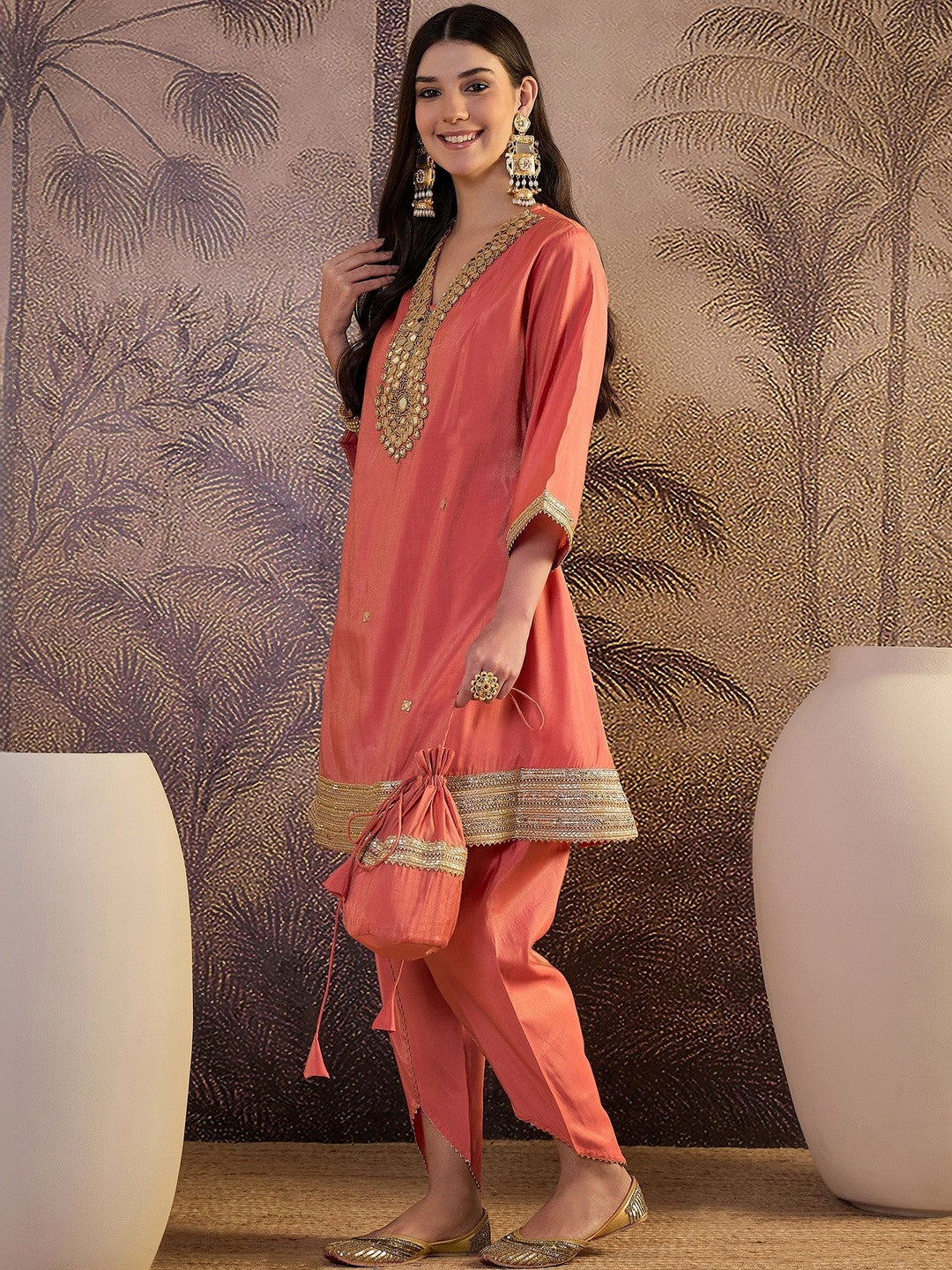 Embroidered V-Neck A-Line Kurta Sets