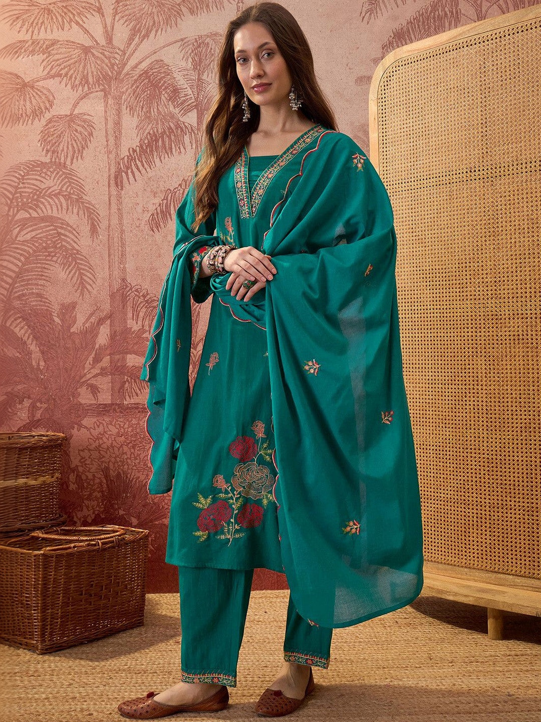 Embroidered Square Neck Kurta & Trousers With Dupatta