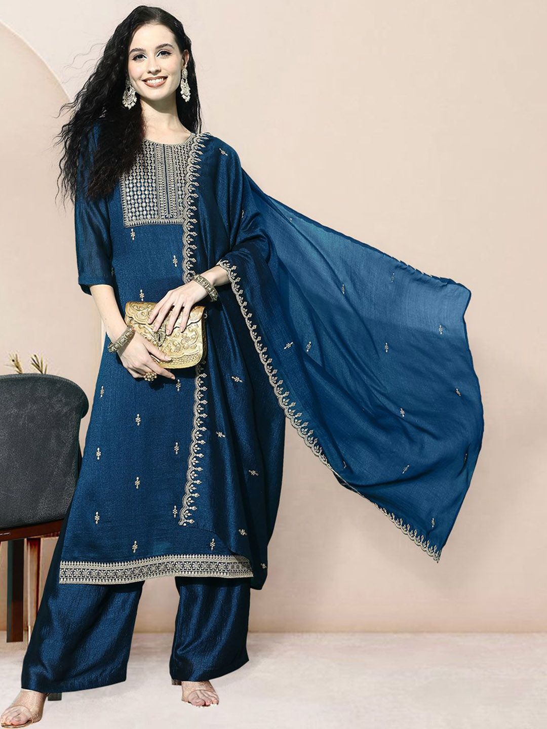 Dhiyona SN Embroidered Round Neck Kurta Palazzo with Dupatta