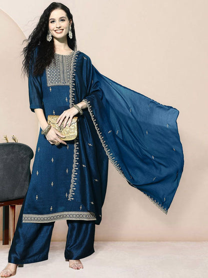 Dhiyona SN Embroidered Round Neck Kurta Palazzo with Dupatta