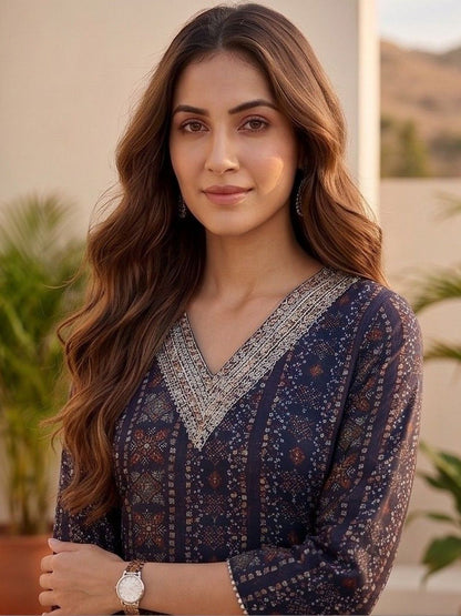 Navy Blue Women Ethnic Motifs Printed Regular Thread Work Kurta with Trousers & With Dupatta