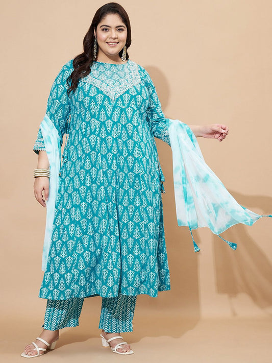 Dhiyona KL Floral Printed Pure Cotton Kurta With Trousers & Dupatta