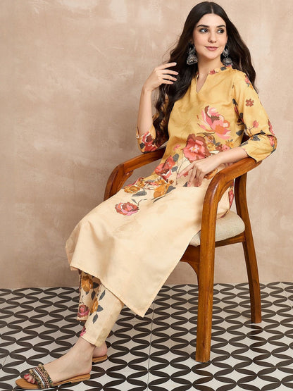 Floral Printed Mandarin Collar Straight Kurta With Trouser