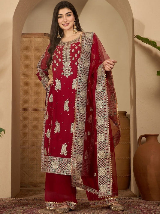 Dhiyona SN Floral Embroidered Beads And Stones Straight Kurta With Palazzos & Dupatta