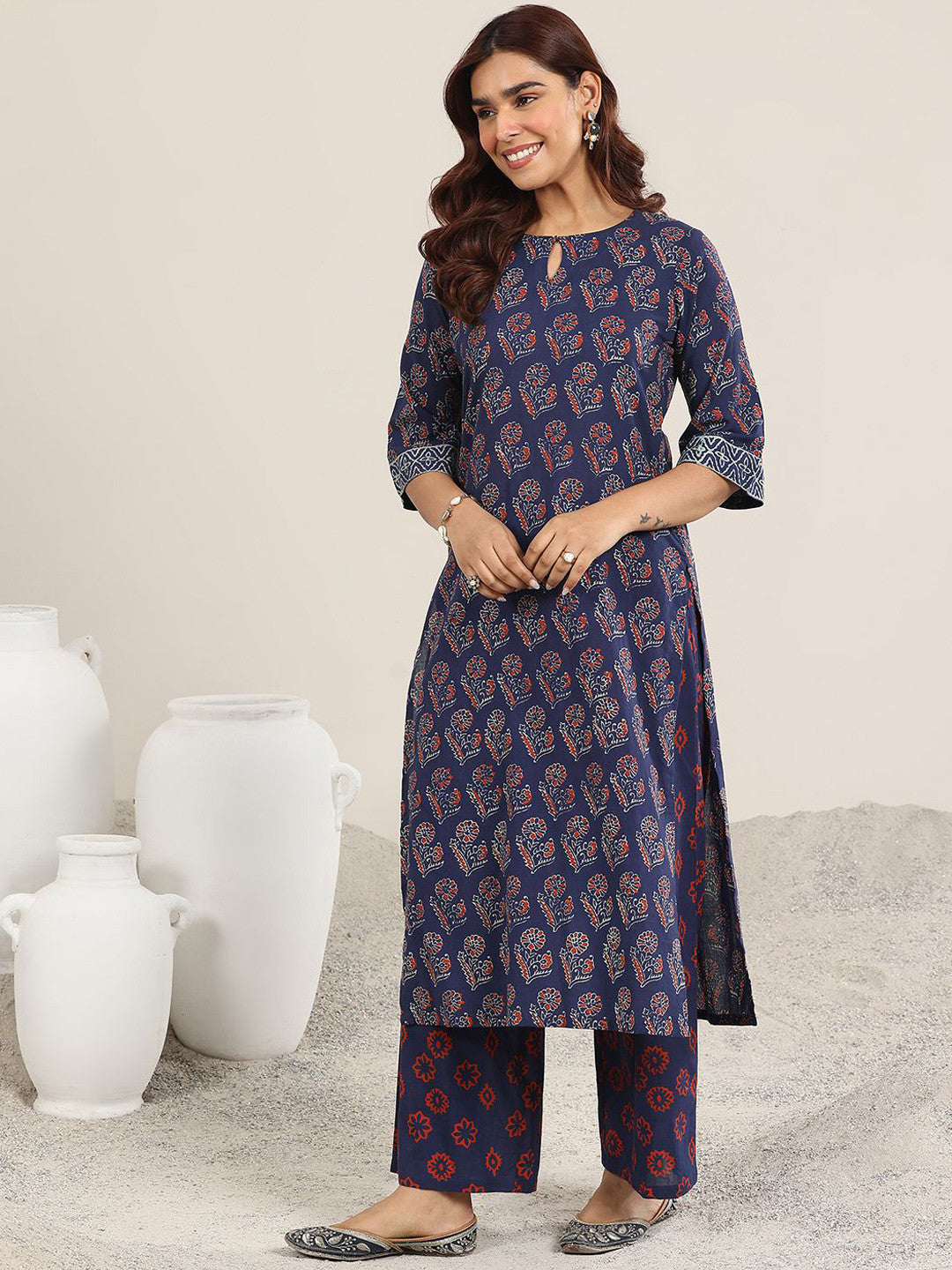 Ajrakh Printed Keyhole Neck Straight Kurta With Palazzos And Dupatta