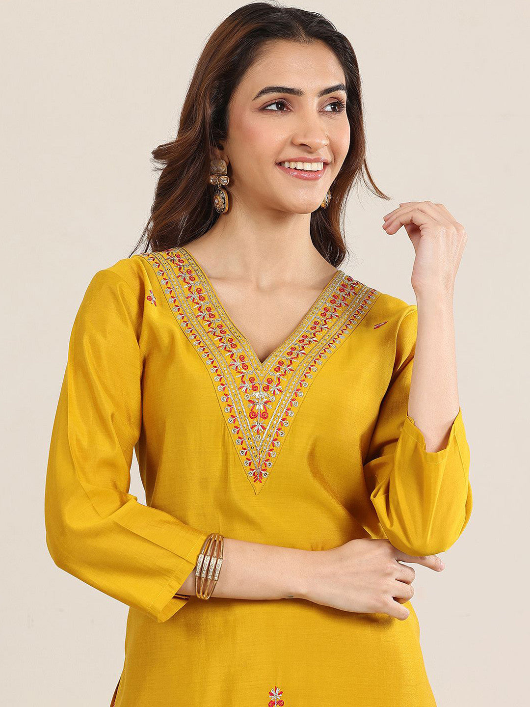 Floral Embroidered V Neck Sequinned Kurta With Trousers & Dupatta