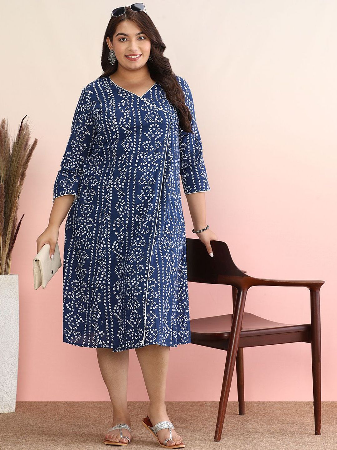 Dhiyona AY Women's Plus Size Geometric Printed V-Neck Pure Cotton A-Line Dress