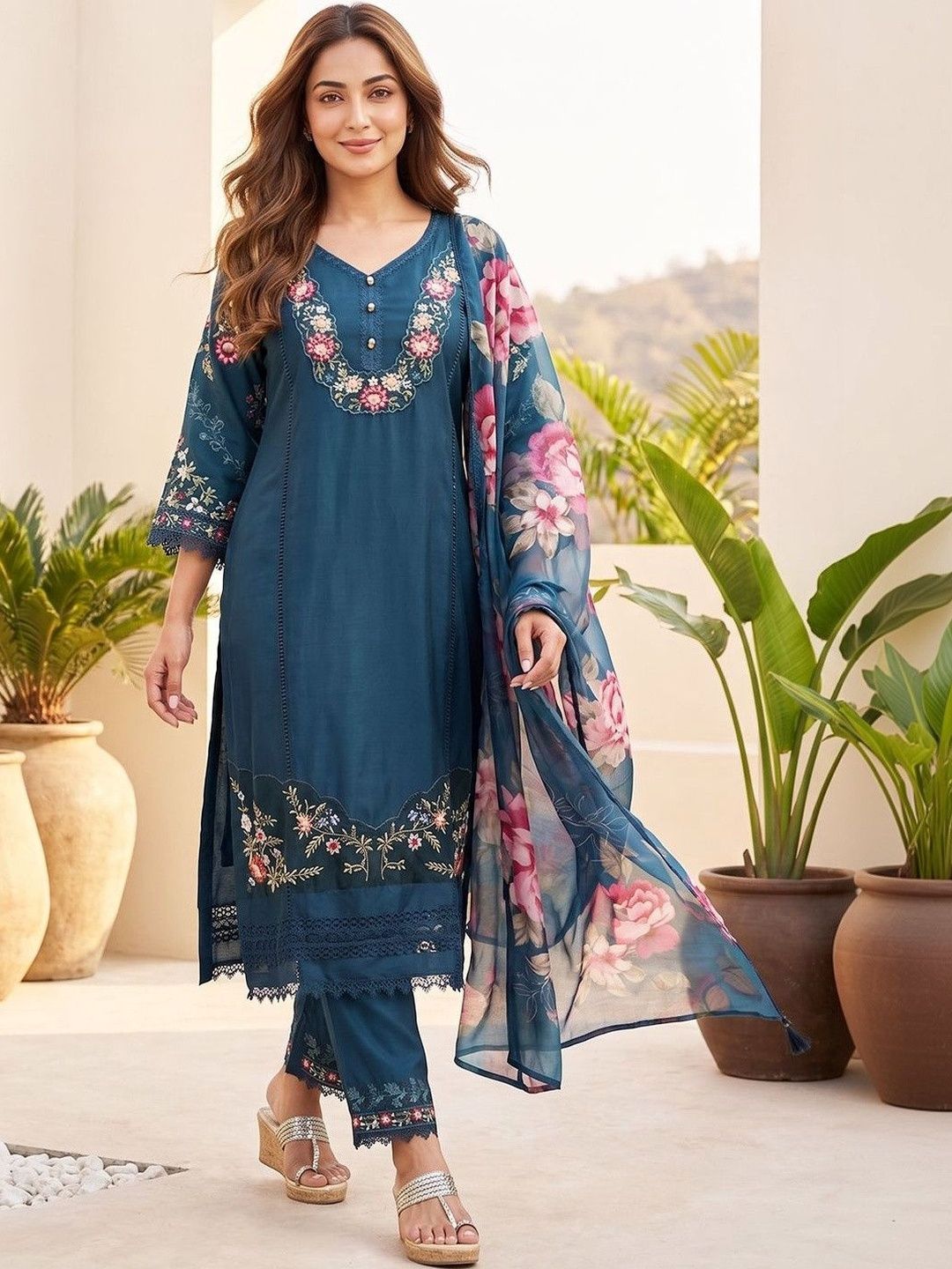 Teal Women Floral Embroidered Regular Thread Work Pure Cotton Kurta with Trousers & With Dupatta