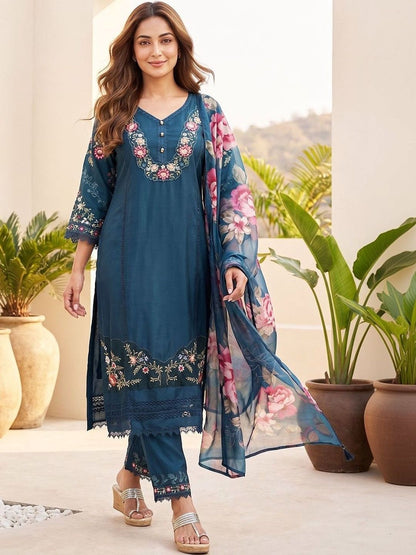 Teal Women Floral Embroidered Regular Thread Work Pure Cotton Kurta with Trousers & With Dupatta