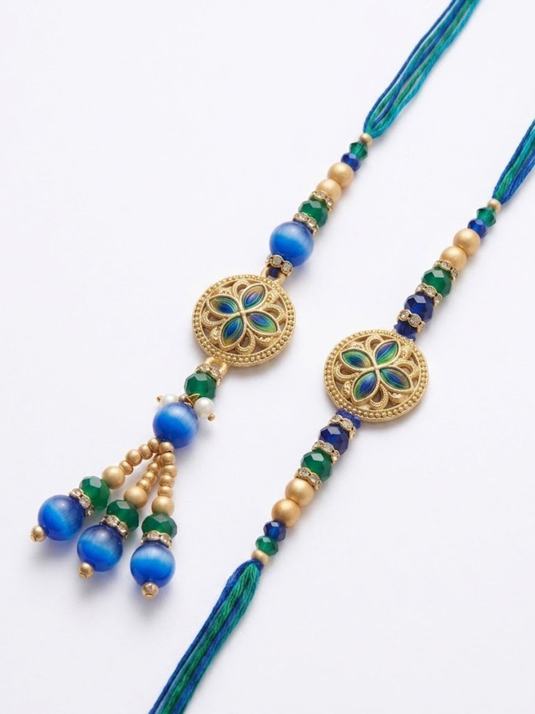 Dhiyona Set Of 2 Blue Artificial Beads Morpankh Style Bhaiya Bhabhi Rakhi With Roli Chawal