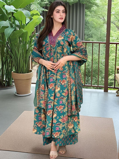 Dhiyona KL Women Green Rayon Blend Printed Anarkali Kurta Set With Dupatta