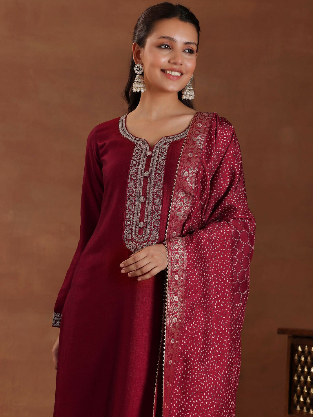 Women's LB Maroon Embroidered Silk Blend Straight Suit With Dupatta