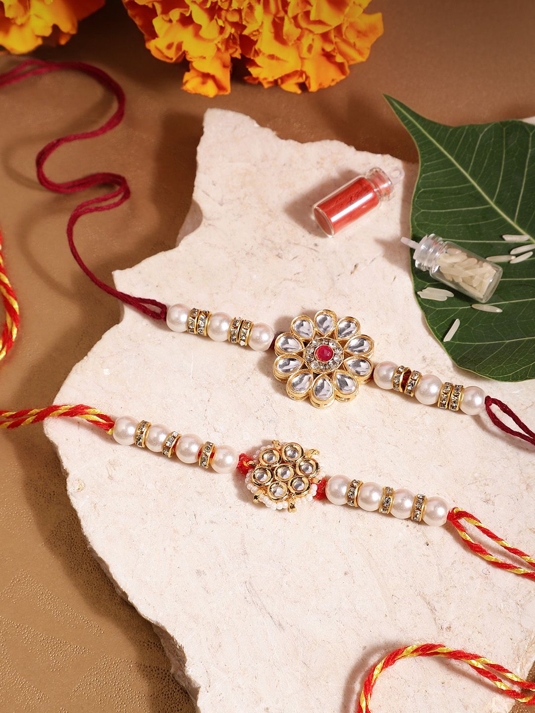 Dhiyona Unisex Set of 2 Beaded Bhai Bhabhi Rakhis With Roli & Chawal