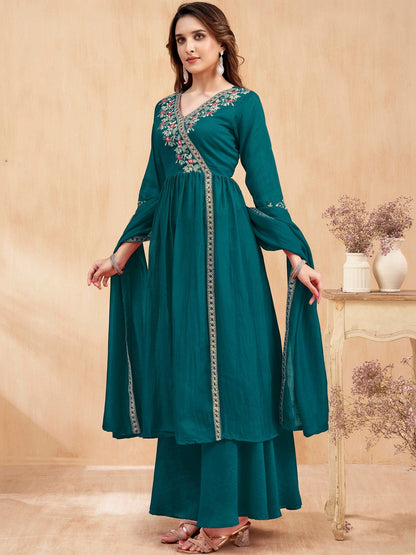 Embroidered V-Neck Kurta Trousers & Dupatta