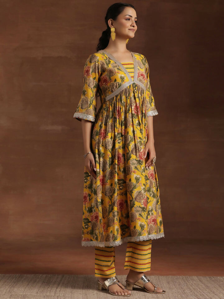 Women's LB Yellow Printed Silk Blend A-Line Kurta With Trousers & Dupatta