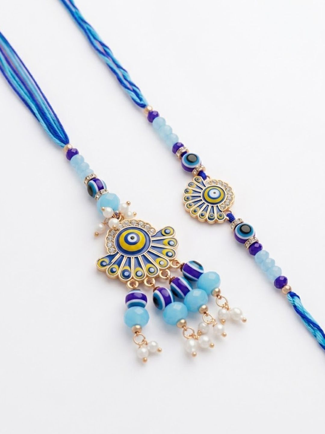 Dhiyona Set Of 2 Blue Evil Eye Artificial Beads Bhaiya Bhabhi Rakhi With Roli Chawal