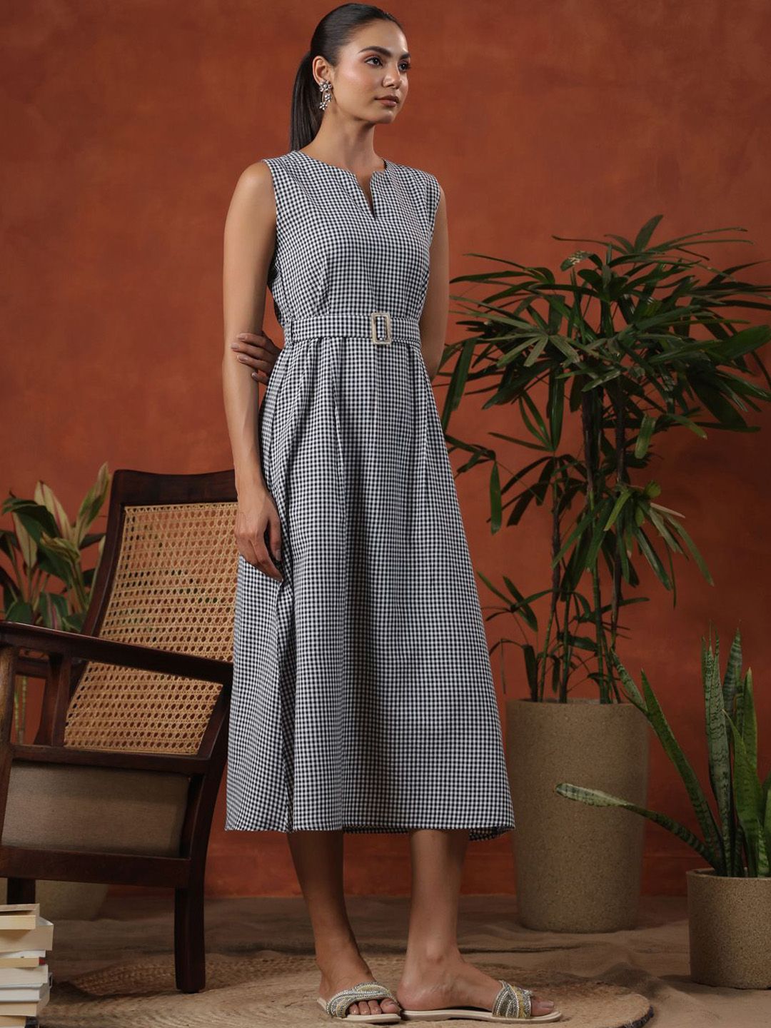Dhiyona AY Women's Checked Cotton A-Line Midi Dress With Belt