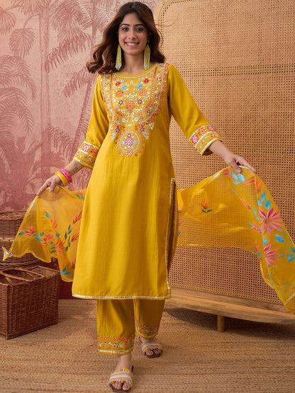 Embroidered Silk Blend Round Neck Kurta & Trousers With Dupatta