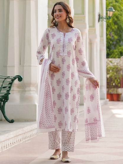 Dhiyona RR Women's Floral Printed Cotton Kurta with Trousers & Dupatta