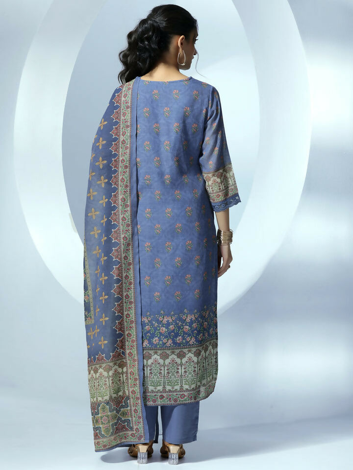 Women's LB Blue Printed Linen Straight Suit With Dupatta