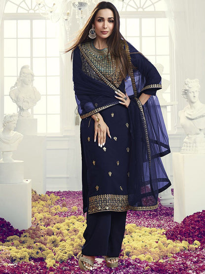 Dhiyona IN Navy Blue Floral Embroidered Sequinned Georgette Kurta with Palazzo & Dupatta