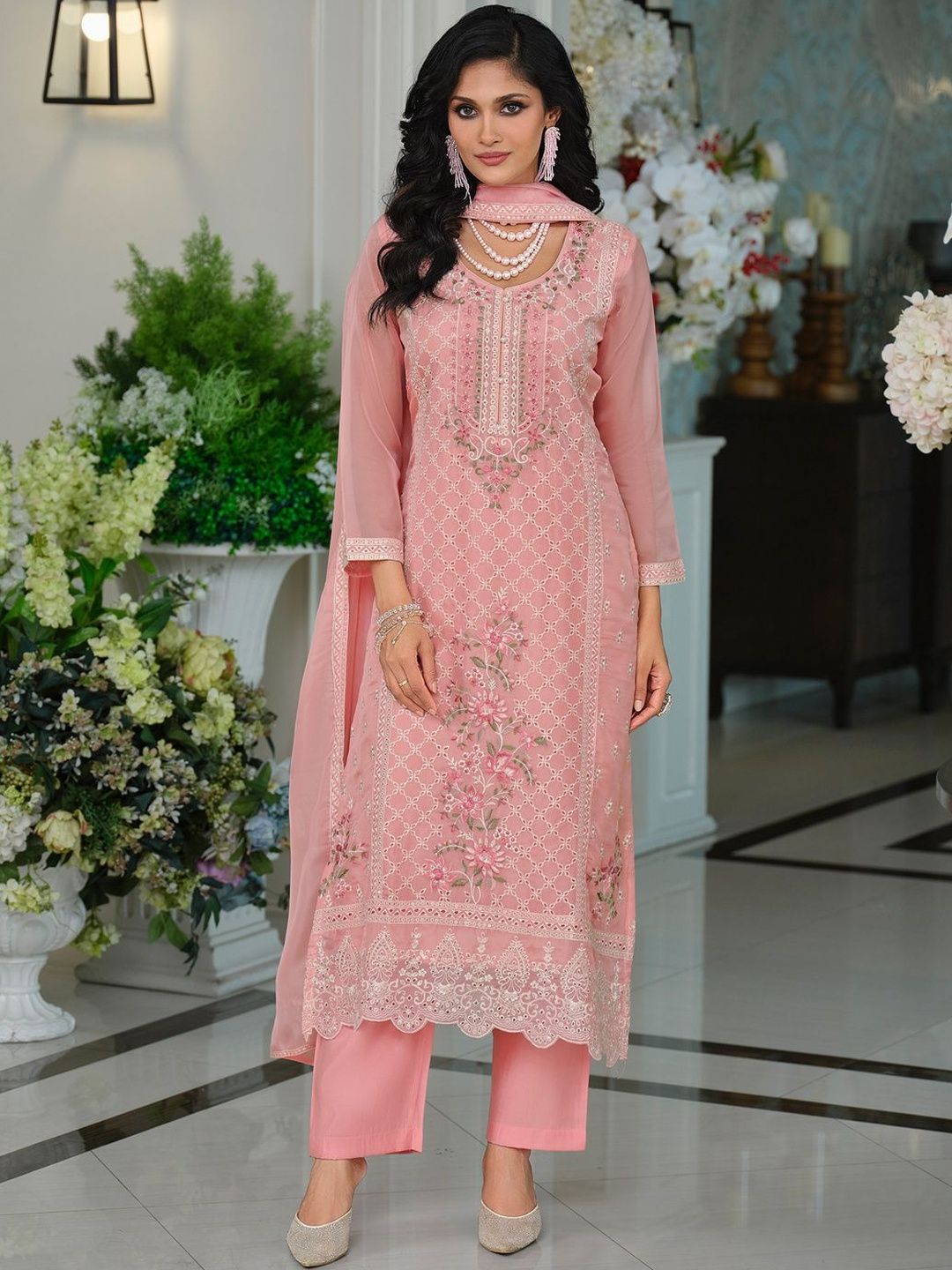 Dhiyona IE Floral Yoke Design Thread Work Organza Straight Kurta & Trousers With Dupatta
