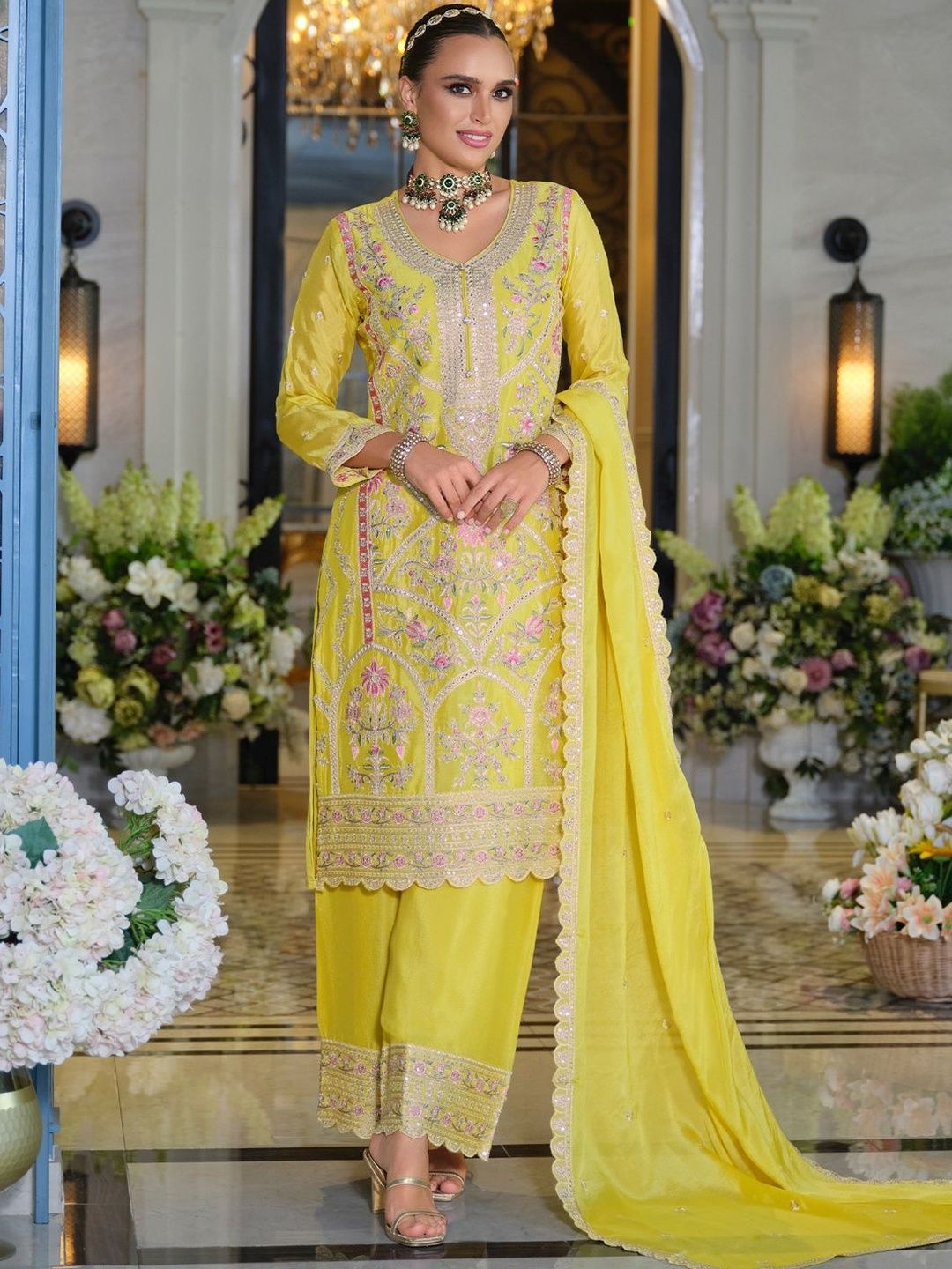 Dhiyona IE Women Ethnic Motifs Embroidered Kurta with Palazzos & Dupatta