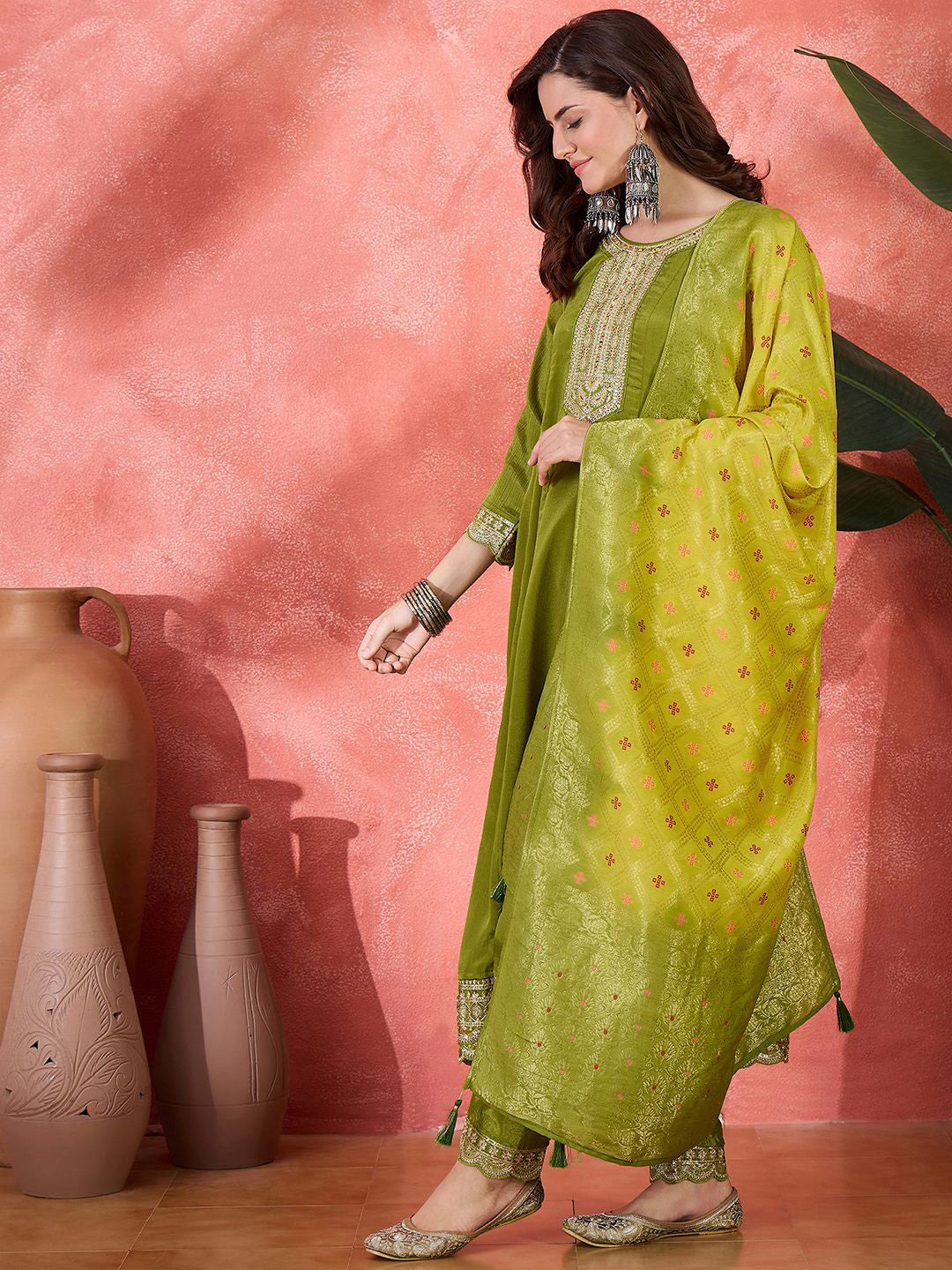 Floral Embroidered Round Neck Sequinned A-Line Kurta With Trousers & Dupatta
