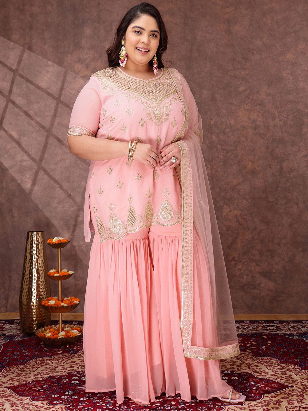 Dhiyona IN Women Ethnic Motifs Embroidered Regular Kurta & Sharara With Dupatta