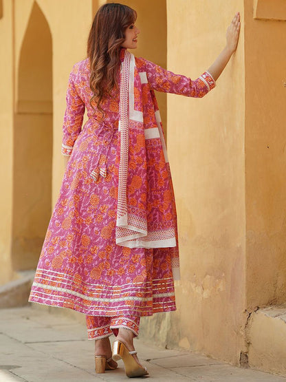 Dhiyona KL Floral Printed Angrakha Pure Cotton Anarkali Kurta With Trousers & Dupatta