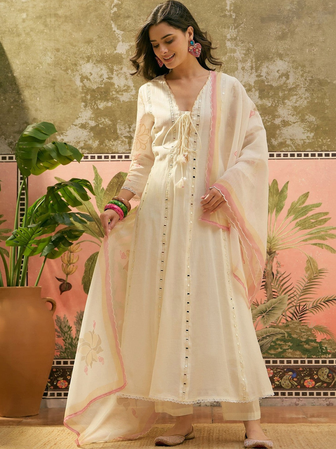Embroidered V-Neck Anarkali Kurta & Trousers With Dupatta
