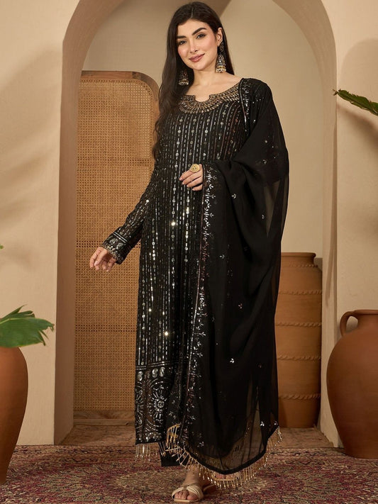 Dhiyona SN Geometric Embroidered Sequinned Straight Kurta With Palazzos & Dupatta