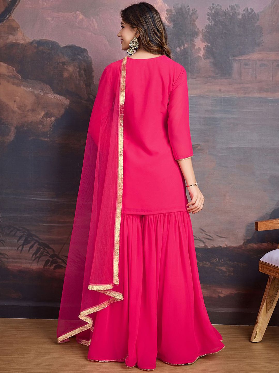 Dhiyona HOP Floral Embroidered Notch Neck Georgette Kurta & Sharara With Dupatta