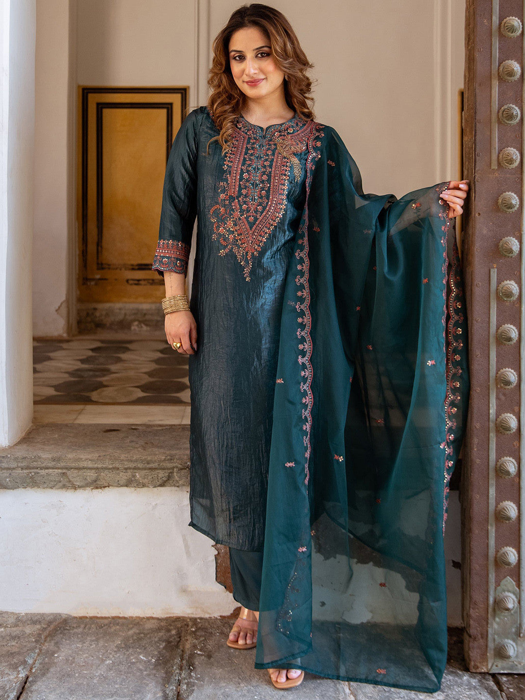 Floral Embroidered Notch Neck Sequinned Straight Kurta With Trousers & Dupatta