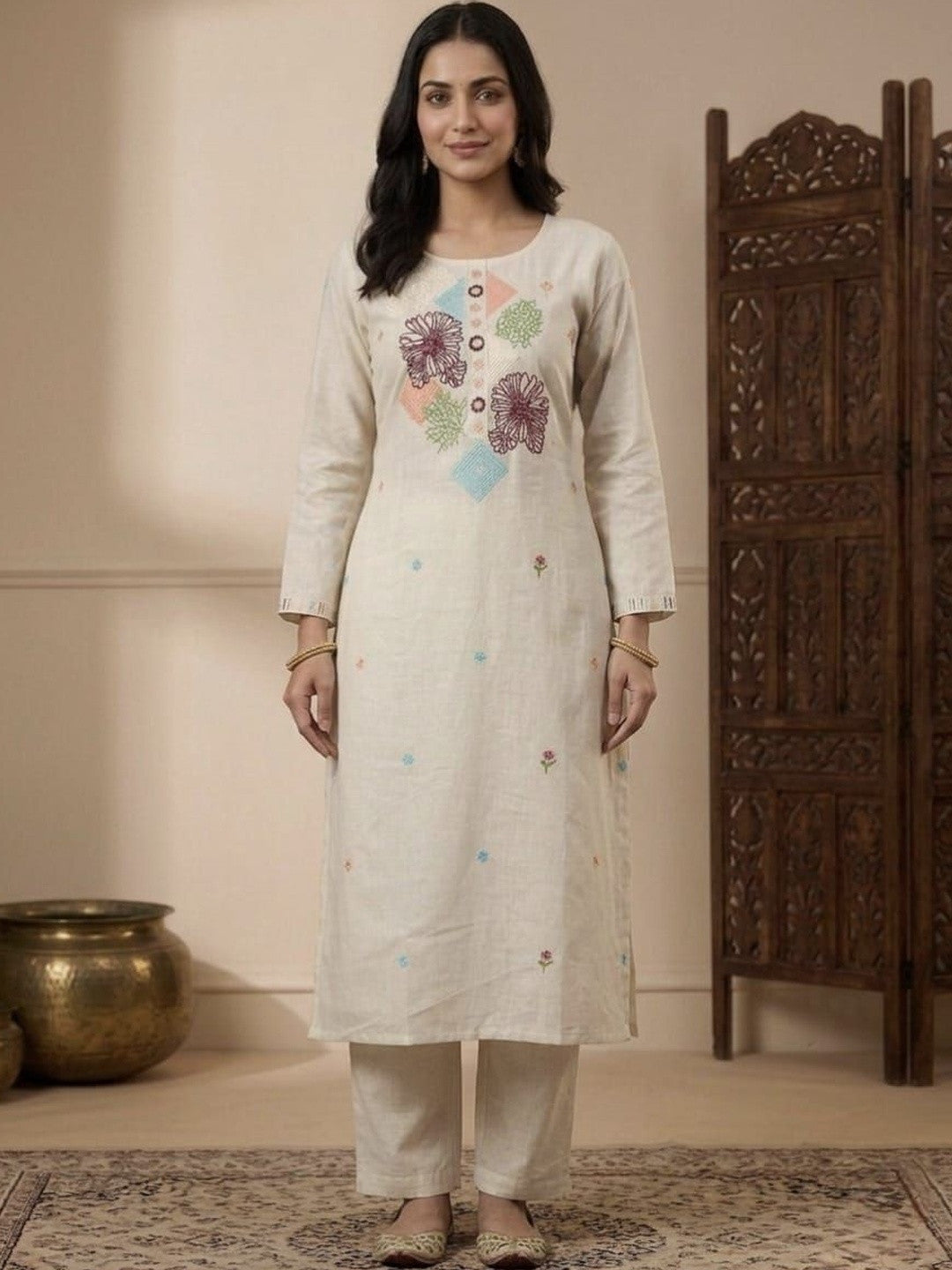 Embroidered Pure Cotton Round Neck Kurta & Trousers With Dupatta