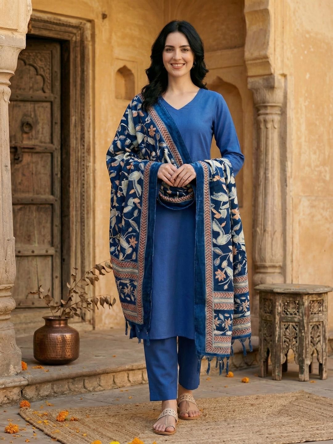 Blue Women Regular Kurta with Trousers & With Dupatta