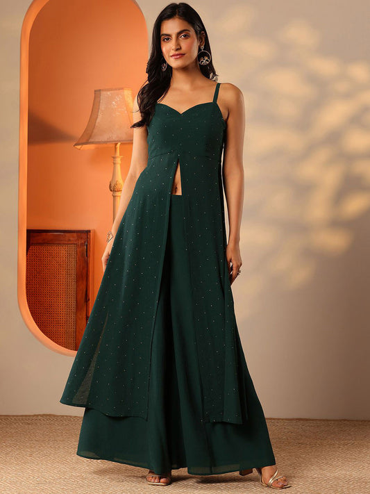 Ethnic Motifs Embroidered Embellished Sweetheart Neck A-Line Kurta With Palazzos