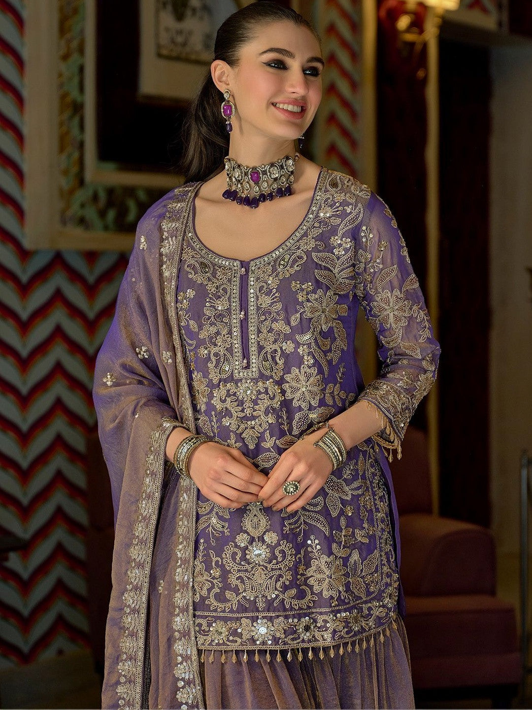 Women Ethnic Motifs Embroidered Regular Thread Work Kurta with Sharara & With Dupatta