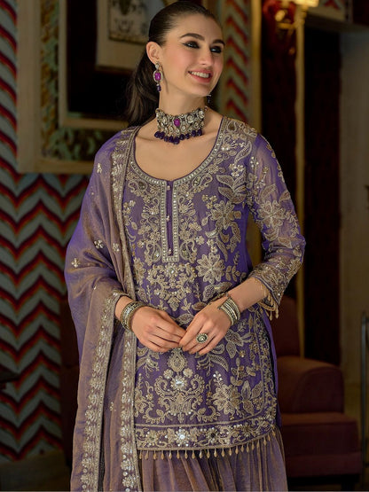 Women Ethnic Motifs Embroidered Regular Thread Work Kurta with Sharara & With Dupatta