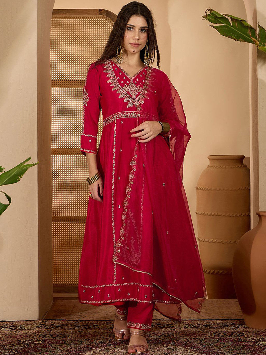 Women Zari Sequence Embroidered A-Line Kurta & Trousers With Dupatta