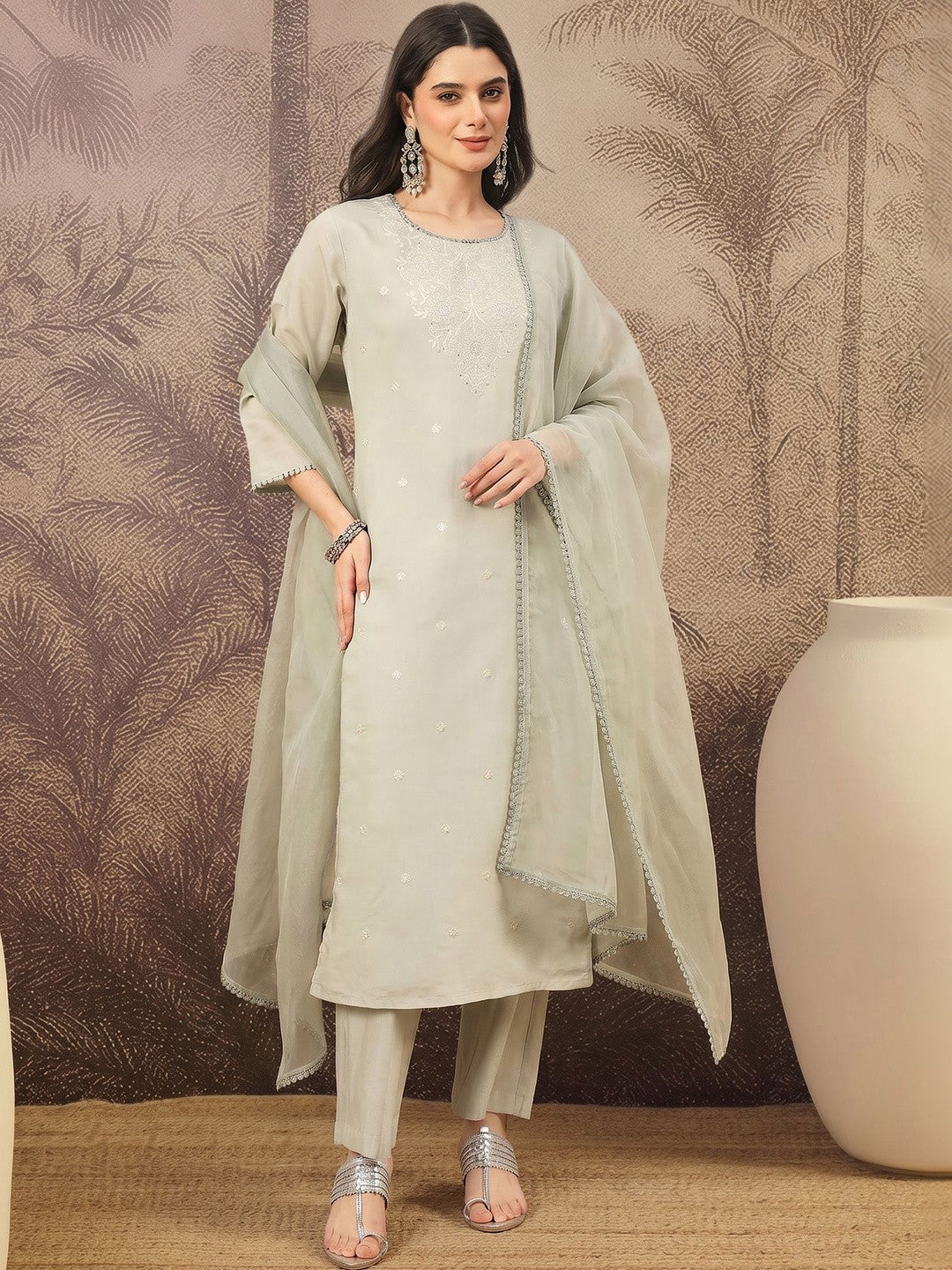 Dhiyona SN Embroidered Silk Blend Round Neck Kurta & Trousers With Dupatta