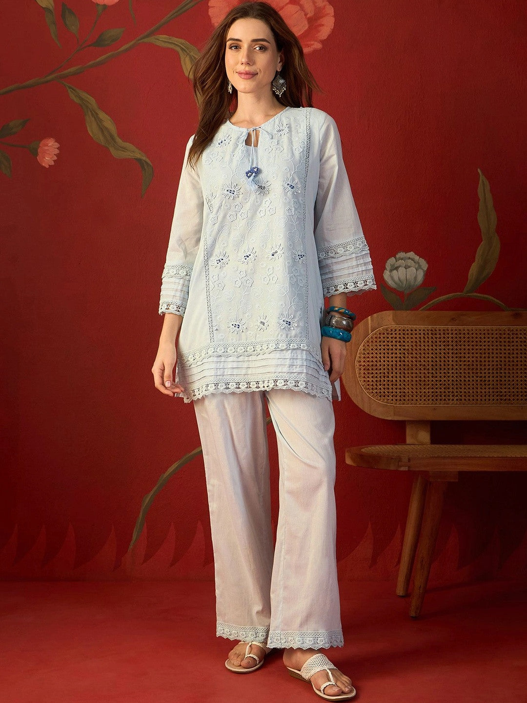 Blue schiffli embroidered cotton tunic and pants